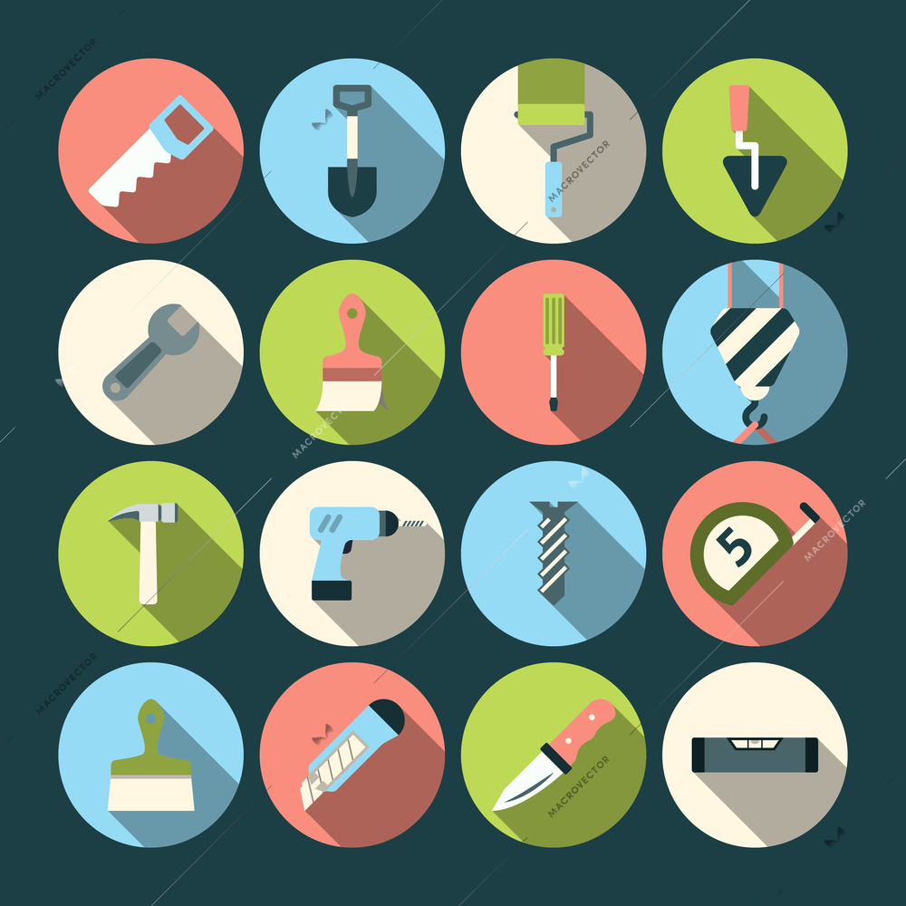 Home repair tools round solid icons set with paint brush and knife abstract shadow isolated vector illustration