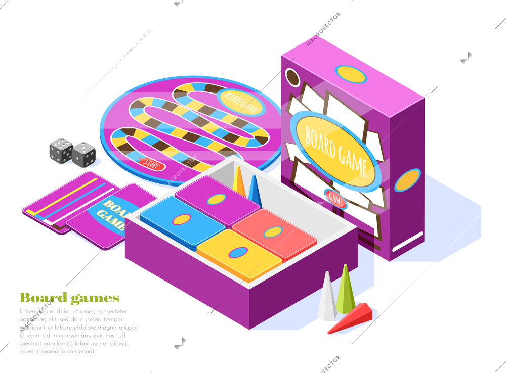 Board games set isometric composition with game elements tools and accessories vector illustration