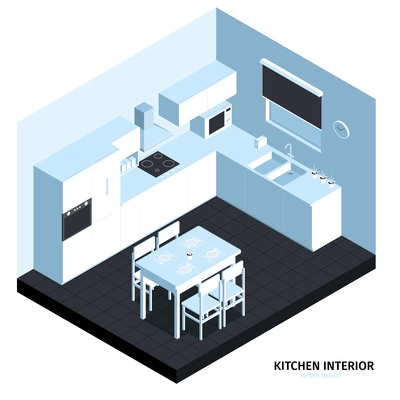 Isometric kitchen composition with cubic view of room with clean furniture cooking machines sink and table vector illustration