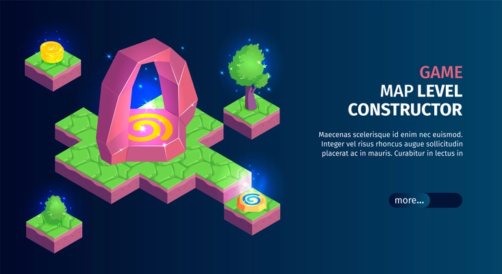 Isometric game landscape horizontal banner with editable text more button and platforms with gaming map constructor vector illustration