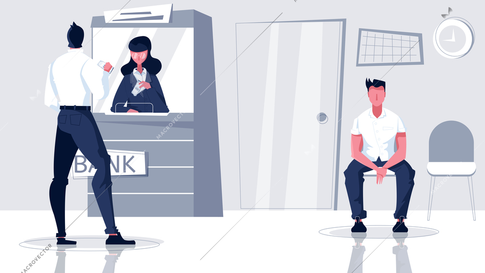 Bank cashier flat composition with indoor branch scenery and waiting people with cashiers window and client vector illustration