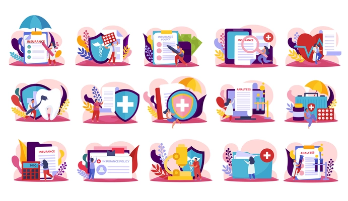 Health insurance recolor icons set with treatment symbols flat isolated vector illustration