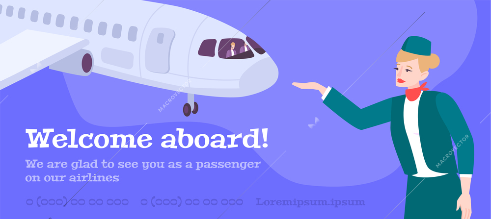 Airlines advertising banner with airplane image and stewardess inviting on board flat vector illustration