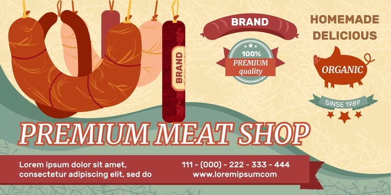 Sausage horizontal banner with composition of meat shop premium organic product images award badges and text vector illustration