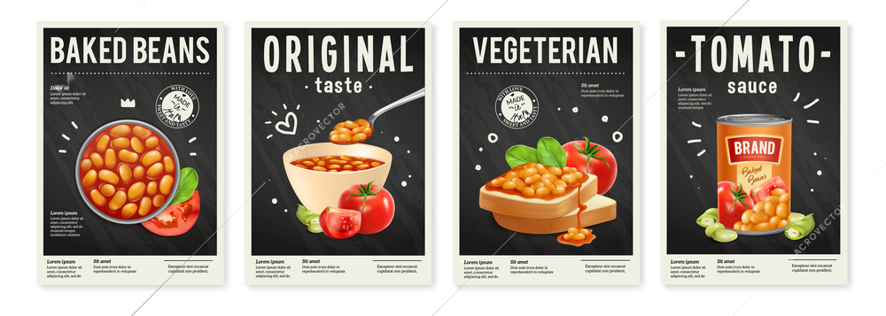 Tin bowl and toast with baked beans in tomato sauce realistic posters set isolated vector illustration