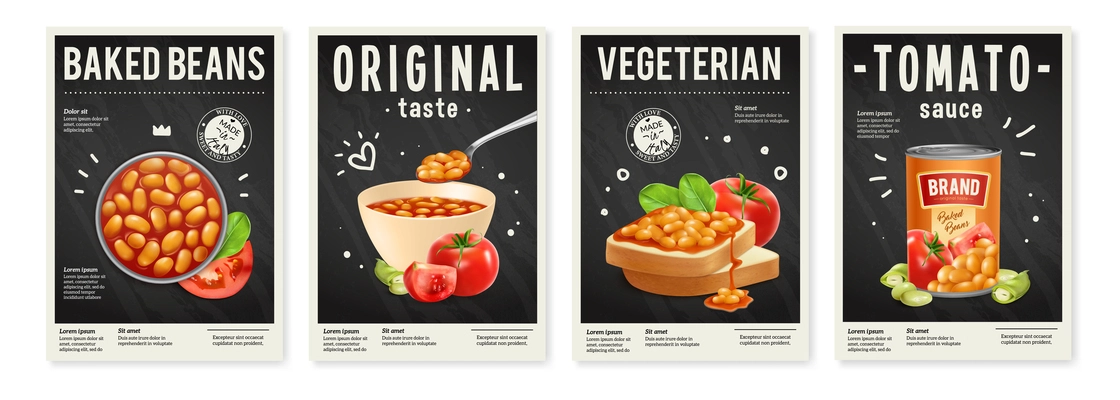 Tin bowl and toast with baked beans in tomato sauce realistic posters set isolated vector illustration