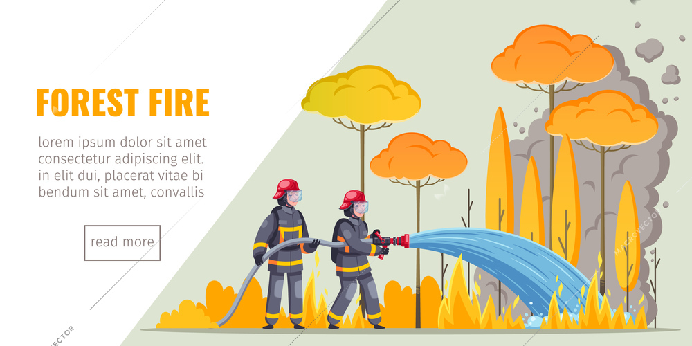 Firefighters horizontal banner with cartoon images of firemen suppressing forest fire text and read more button vector illustration