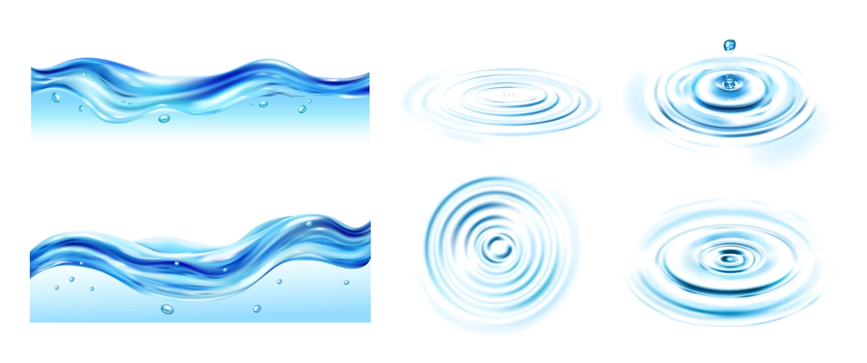 Water ripple realistic set with water drops isolated vector illustration