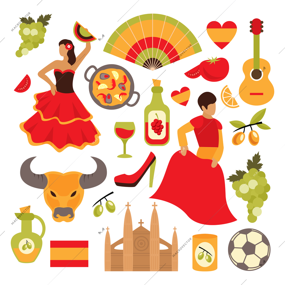 Spain travel tourist attractions icons set isolated vector illustration