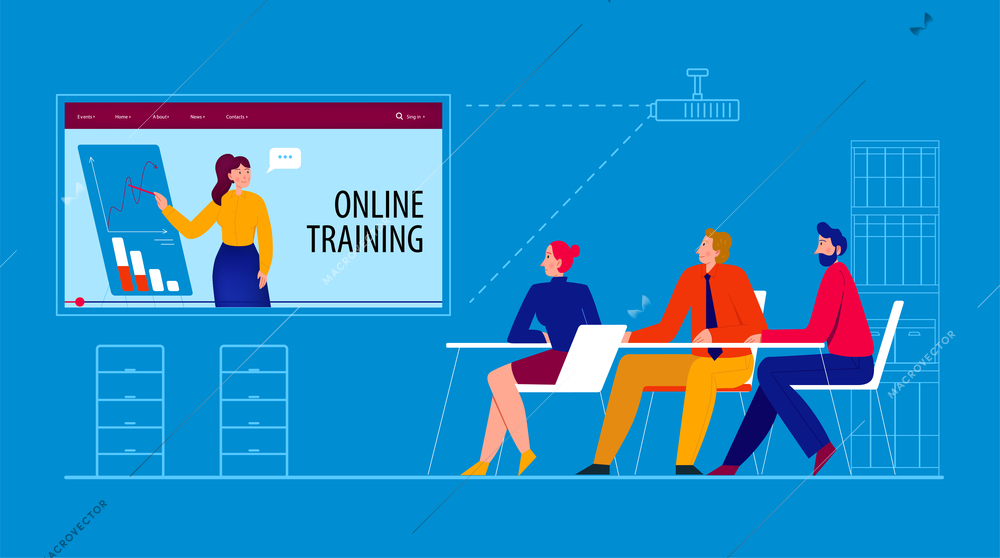 Online training course composition group of three people sit in a lecture room at their desks and study online with teacher vector illustration