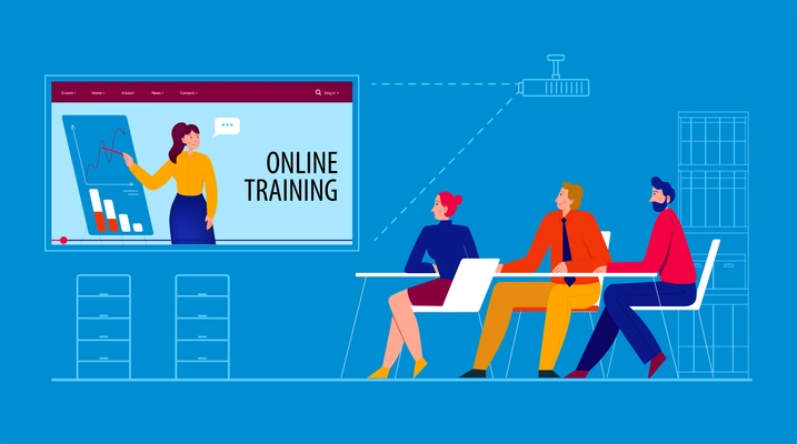 Online training course composition group of three people sit in a lecture room at their desks and study online with teacher vector illustration