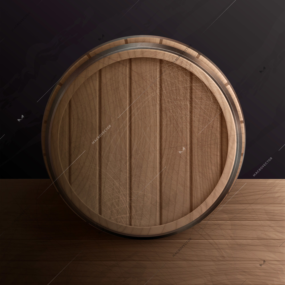 Wooden barrel roll realistic composition with top view of wood cask on table with metal rim vector illustration