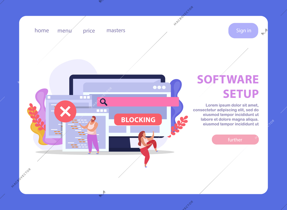 Computer users flat landing page website with virtual windows collage editable text links and clickable buttons vector illustration