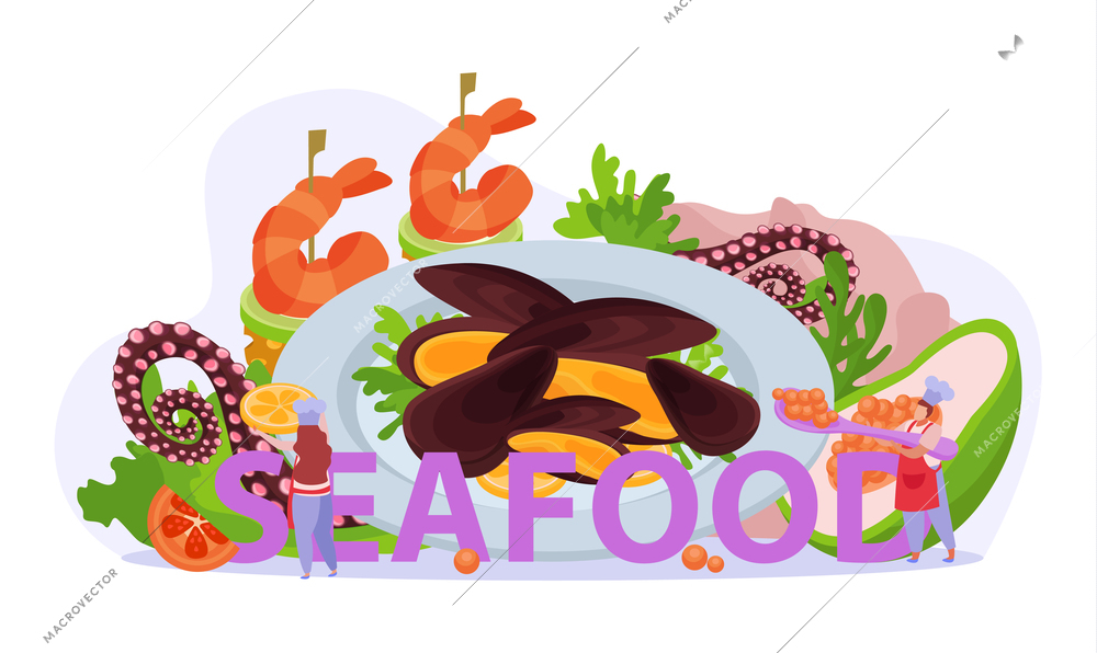 Professional kitchen flat composition with seafood text and cook figures with various dishes of marine products vector illustration