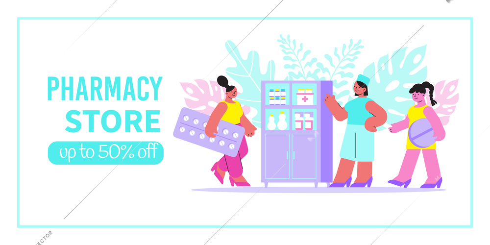 Pharmacy store banner with pharmacist near showcase clients and discount advertising flat vector illustration