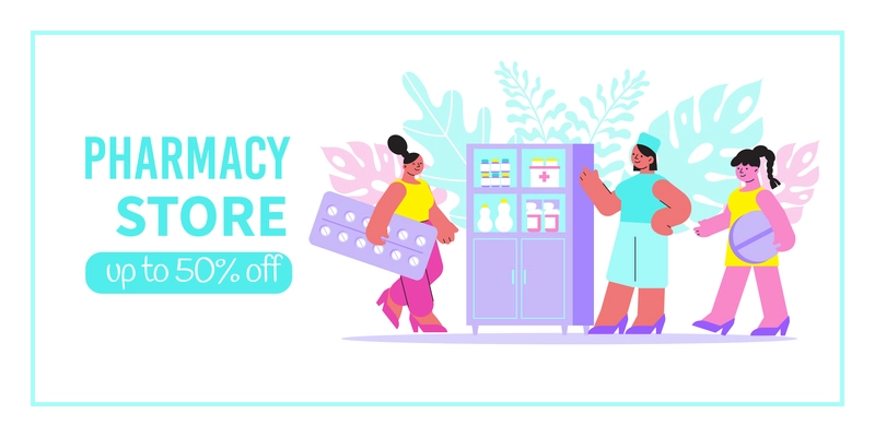 Pharmacy store banner with pharmacist near showcase clients and discount advertising flat vector illustration