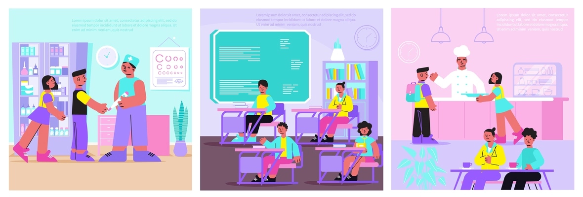 School 3 flat compositions medical care doctor office lunch in canteen classroom lesson situation vector illustration