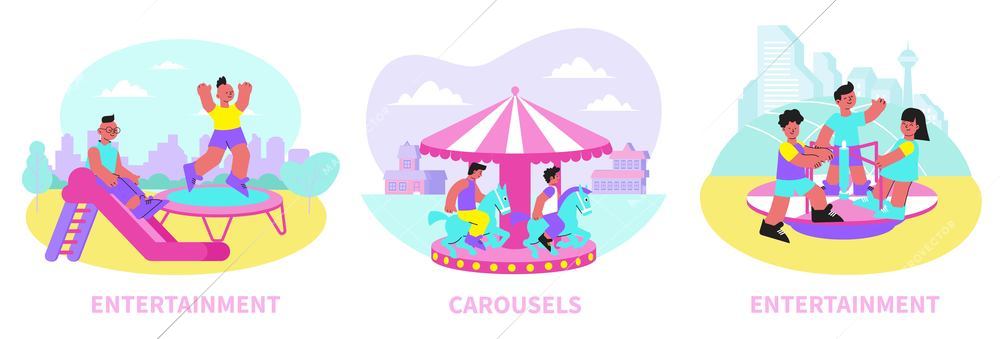 Entertainment center 3 flat compositions with happy children enjoying amusement park rides carousel slides trampoline vector illustration