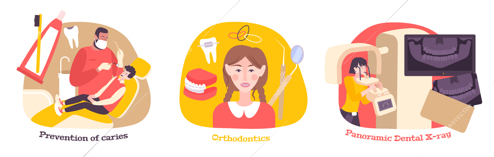 Dentistry flat compositions set with text captions and characters of patients with dentists and medical equipment vector illustration