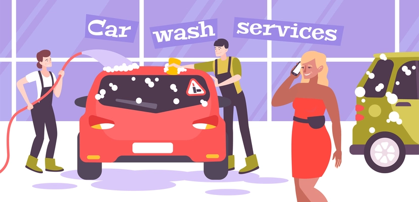 Car wash composition with text and indoor scenery with automobile washers drivers flat characters and cars vector illustration