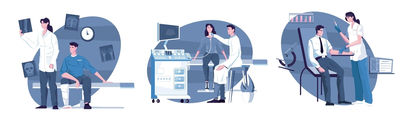Medical examination set of three isolated compositions with flat characters of patients doctors and diagnostics equipment vector illustration