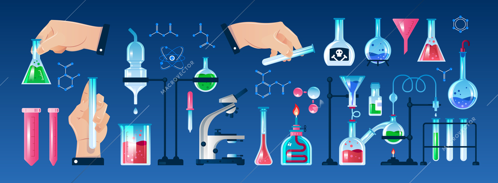 Flat icons set with various laboratory equipment and human hands holding flask tube isolated on white background vector illustration