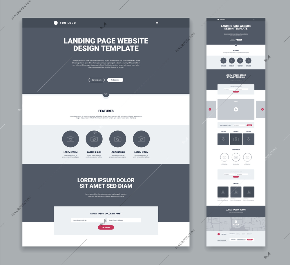 Landing page design template in grey and white color flat isolated vector illustration