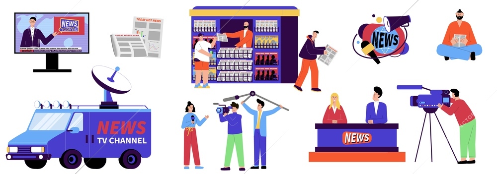 News set with flat icons and characters of tv reporters team newscasters operators and newspaper stall vector illustration