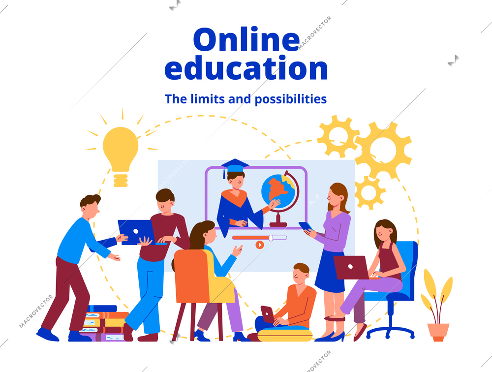 Online education composition with editable text idea and gear flat pictograms with doodle style human characters vector illustration