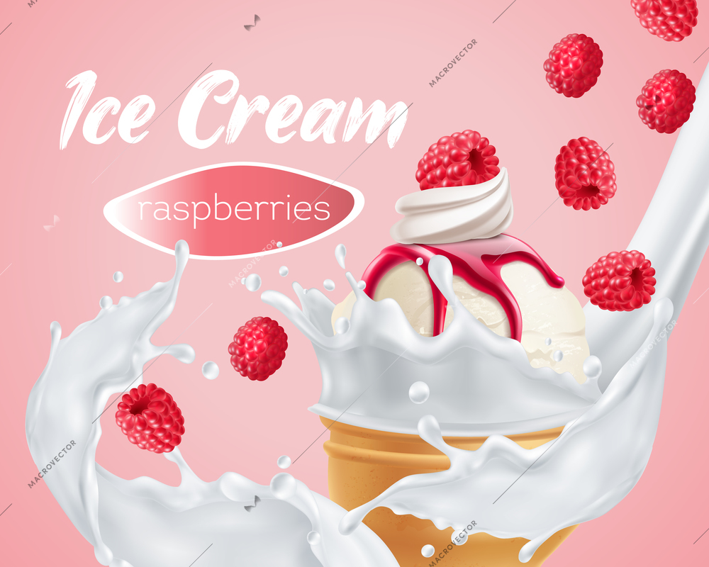 Delicious raspberry ice cream in whipped milk swirl close up summer dessert realistic advertising composition vector illustration