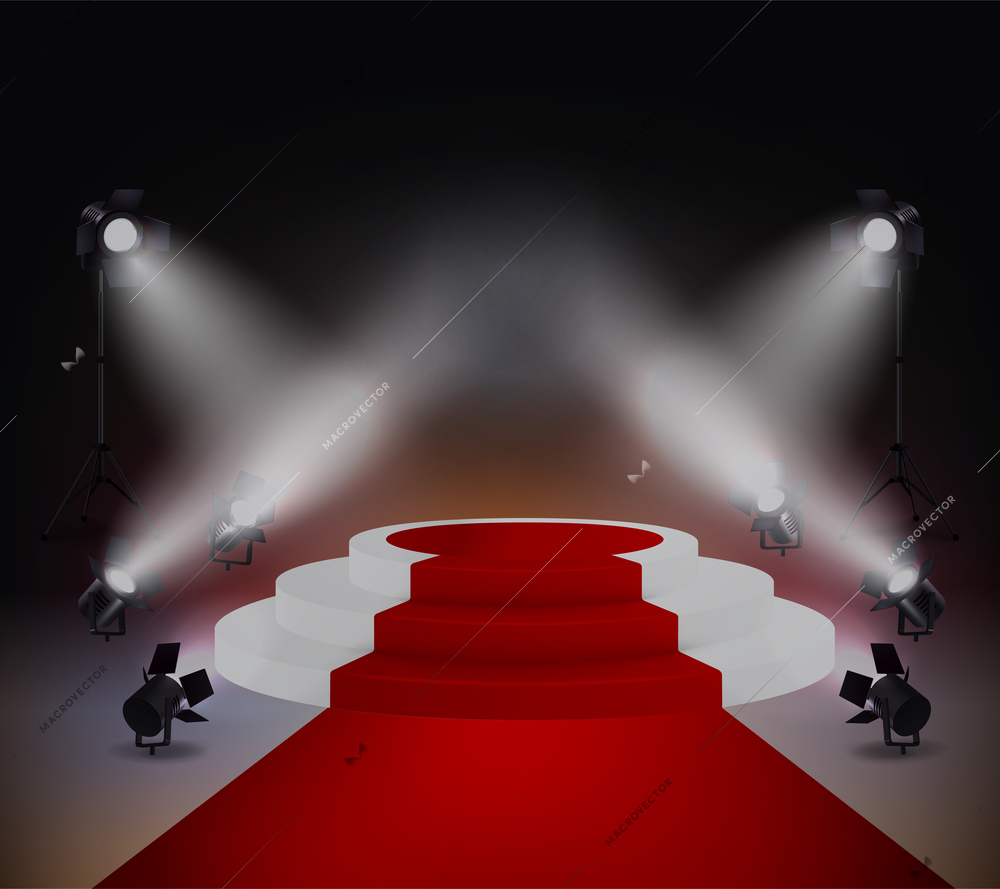 Red carpet colored realistic concept with lights round podium and white stairs vector illustration