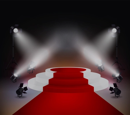 Red carpet colored realistic concept with lights round podium and white stairs vector illustration