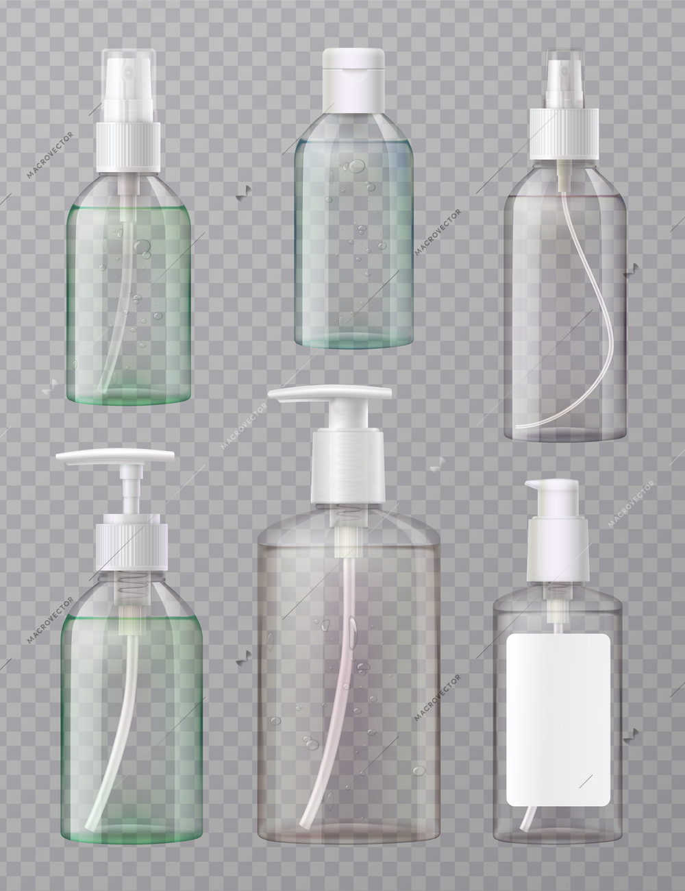 Hand sanitizer full clear acrylic press and aerosol dispenser spray bottles realistic set transparent background vector illustration