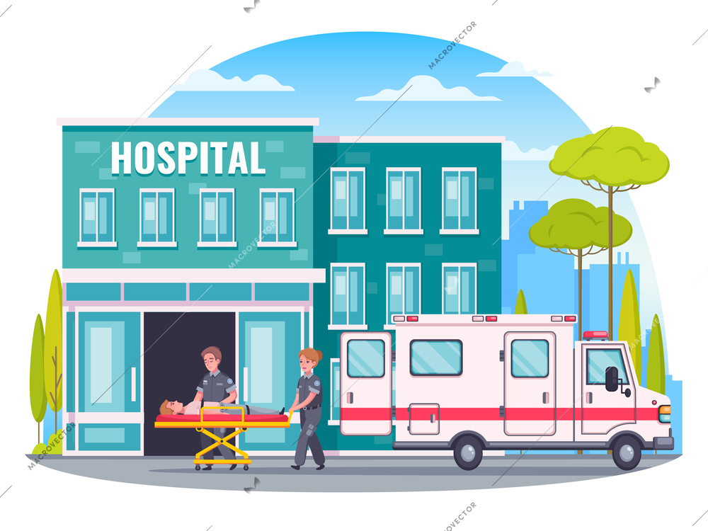 Paramedic ambulance cartoon concept with medical treatment symbols vector illustration