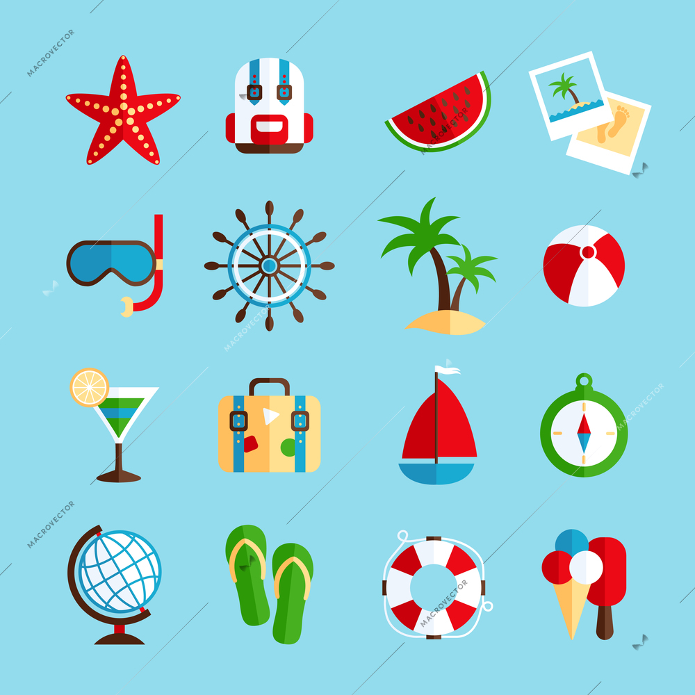 Tropical holiday vacation icons set with watermelon sailboat steering wheel and ice-cream flat isolated vector illustration