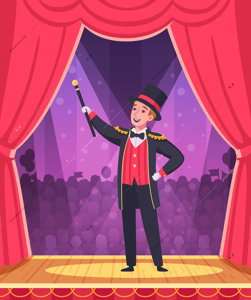 Circus performance background with magician show symbols cartoon vector illustration