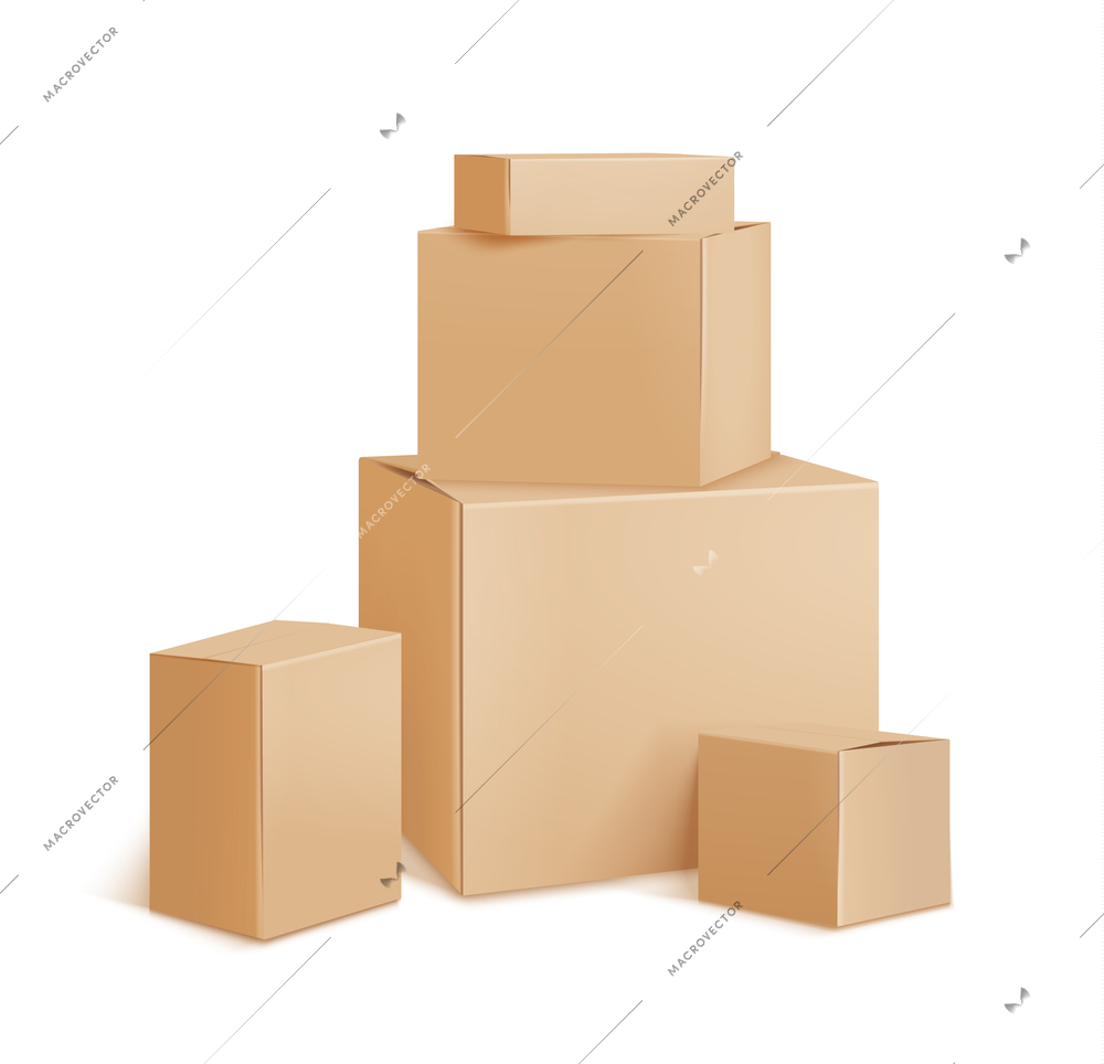 Delivery plain cardboard post boxes postal parcels various sizes heaped one upon another realistic image vector illustration