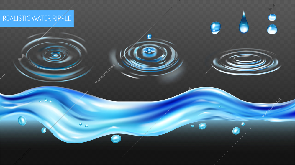 Realistic set of water ripples drops and waves isolated on transparent background vector illustration