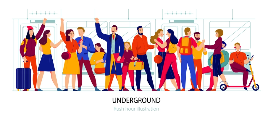 Public transport and underground concept with rush hour symbols flat vector illustration