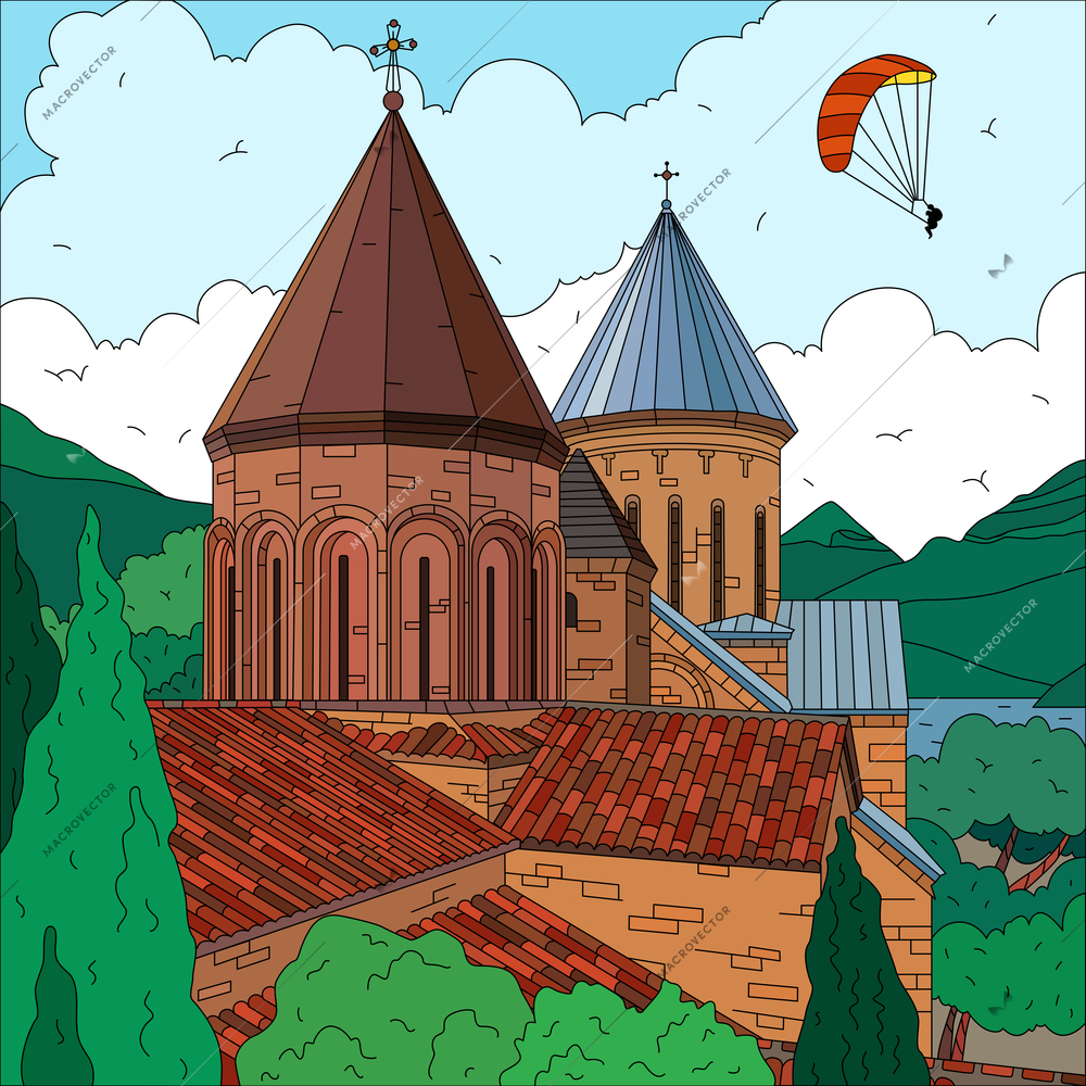 Flat landscape with church trees hills and flying parachute in background vector illustration