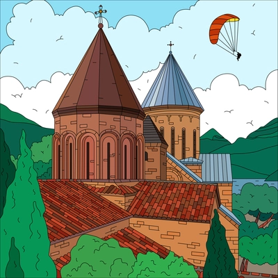 Flat landscape with church trees hills and flying parachute in background vector illustration