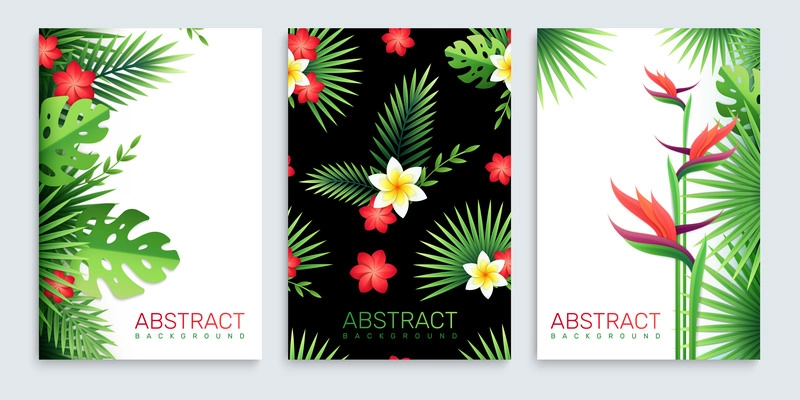 Set of three vertical posters with images of paper tropical leaves and flowers with editable text vector illustration