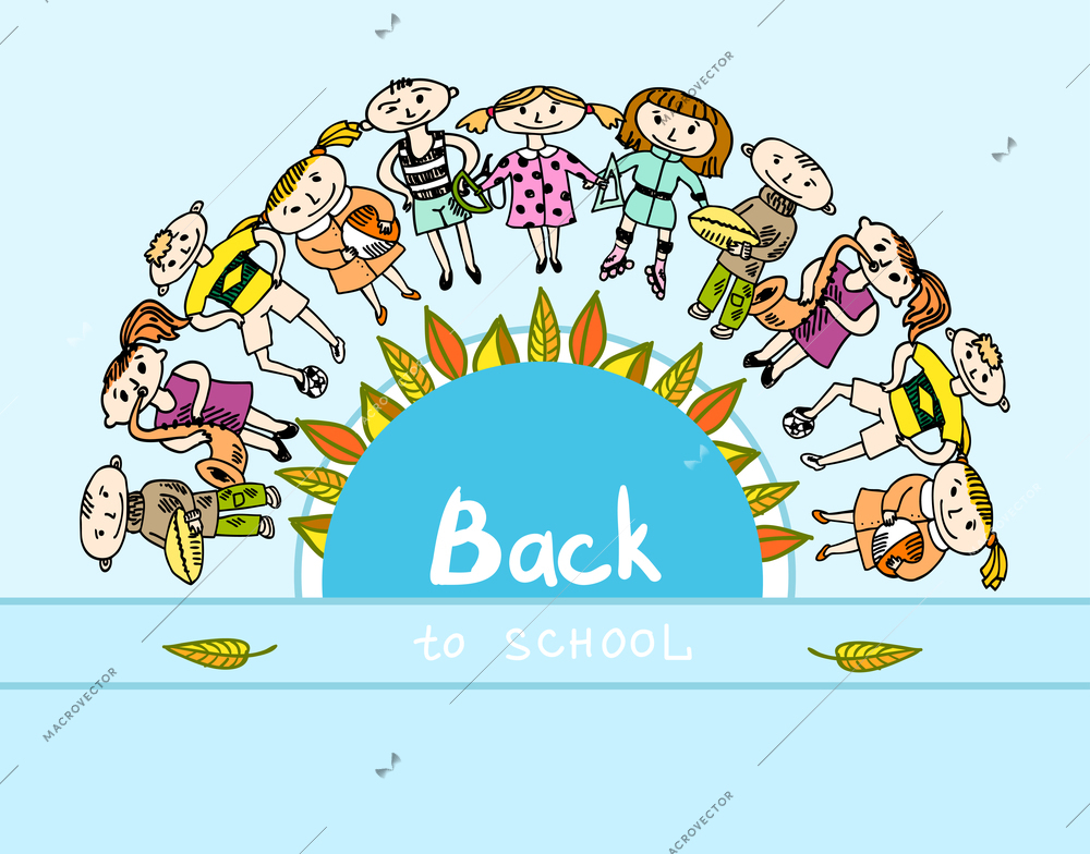 Decorative back to school kids education accessories on round banner poster doodle sketch vector illustration