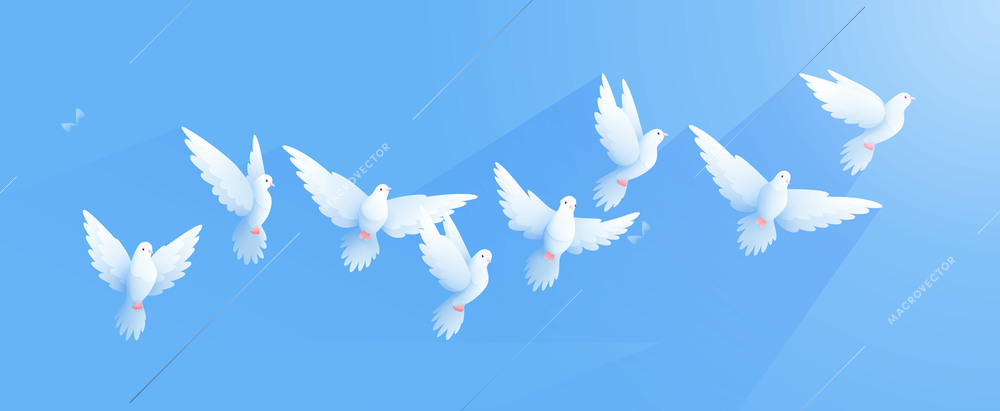 Flying pigeons flat composition with flock of birds with white wings on clear blue sky background vector illustration