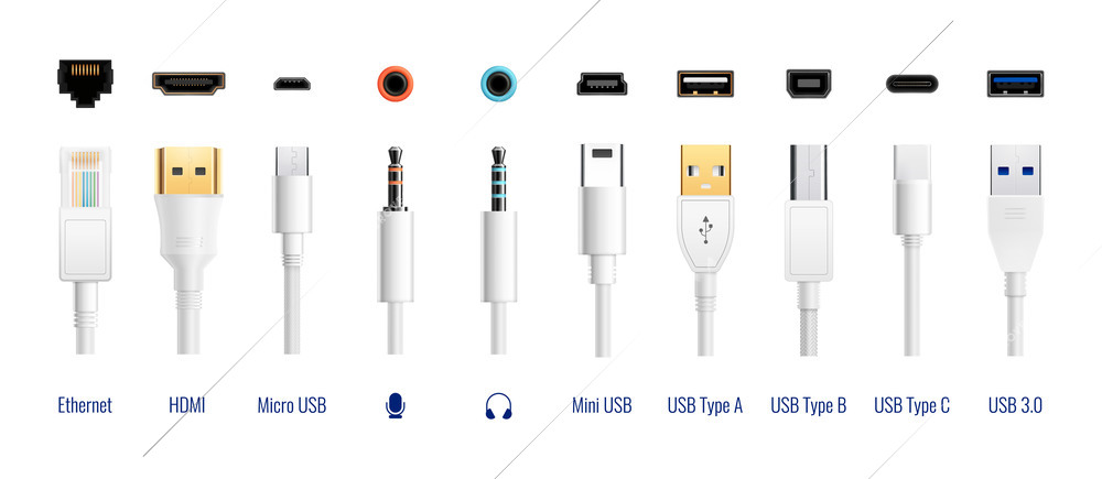 White usb types port plug in cables set with realistic images of connectors with text captions vector illustration