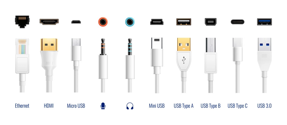 White usb types port plug in cables set with realistic images of connectors with text captions vector illustration