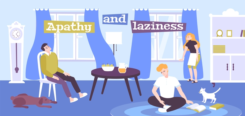 Apathy and laziness emotions flat poster with depressive people staying home vector illustration