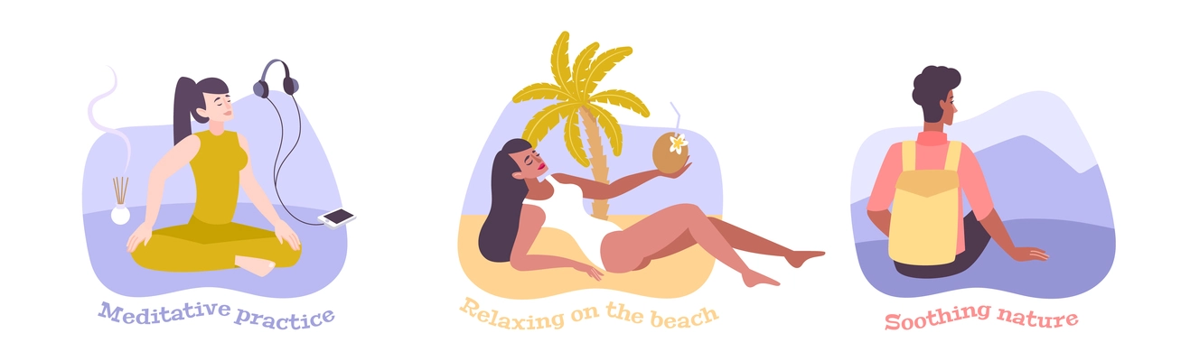 Relax flat compositions with people soothing nature having meditative practice relaxing on sea beach vector illustration