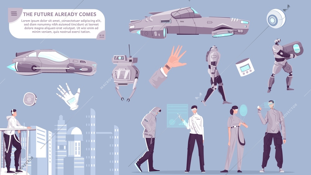 Future already comes flat set of people used smart gadgets robots and transport isolated vector illustration