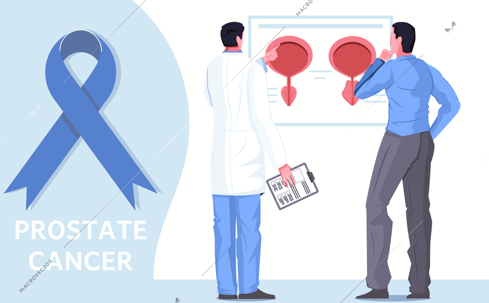 Men healthcare flat background with prostate  cancer awareness blue ribbon doctor and patient considering infographics poster vector illustration